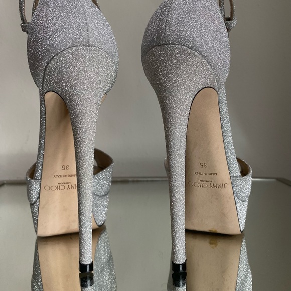 Jimmy Choo Max 150 Metallic Silver Glitter Platform Stiletto Sandals 35 - Picture 11 of 14